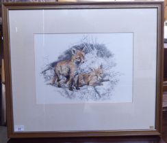 Martin Ridley - 'Fox Cubs'  pencil & watercolour  bears a signature & a John Noott Gallery label