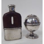A silver hip flask; and a silver pedestal pepper mill  mixed marks