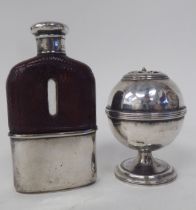 A silver hip flask; and a silver pedestal pepper mill  mixed marks