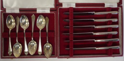A set of six silver teaspoons; and a set of six loaded, silver handled butter knives  mixed marks
