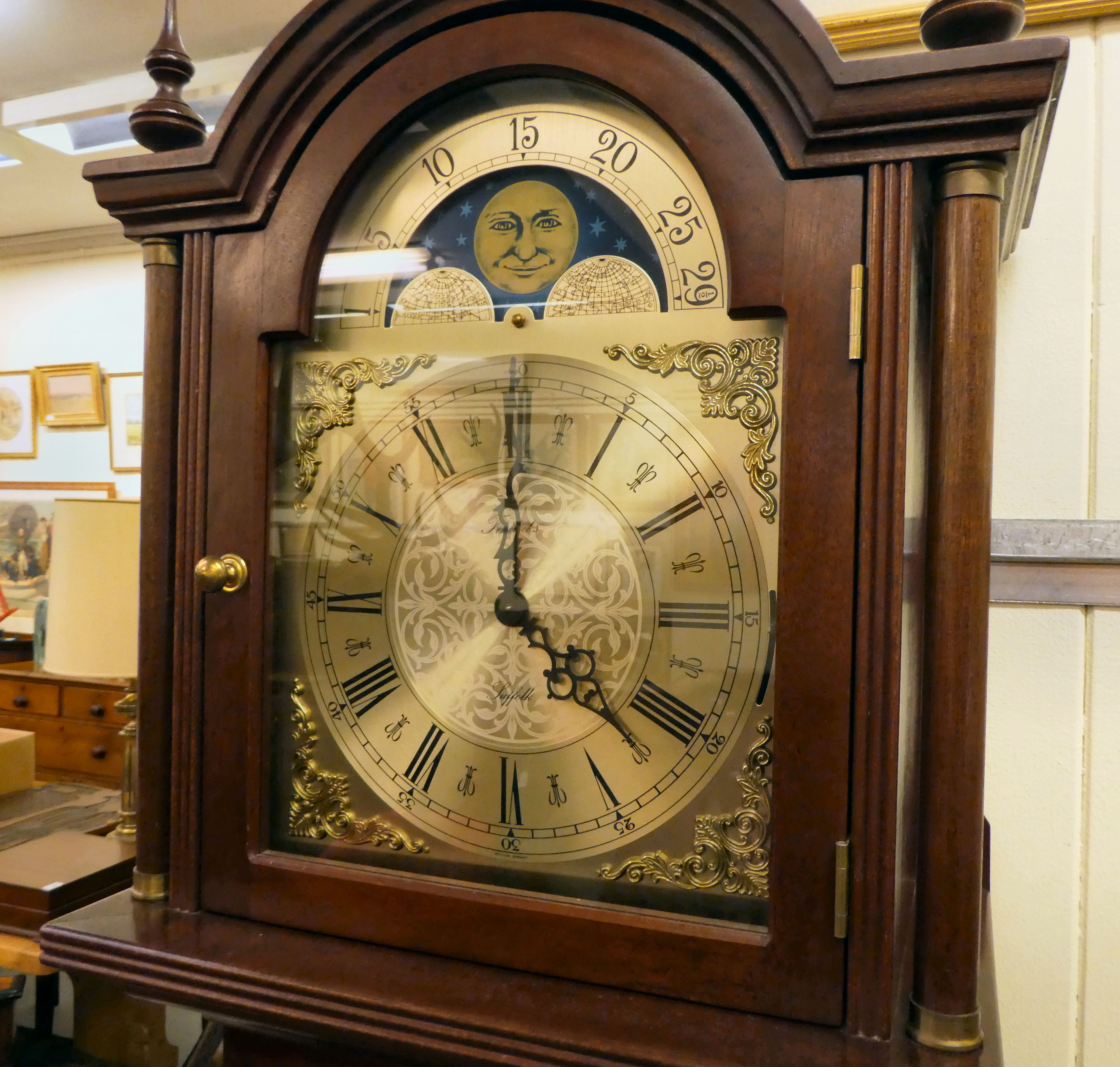 A 20thC West German mahogany finished longcase clock; the chiming chain driven movement faced by a - Image 2 of 3