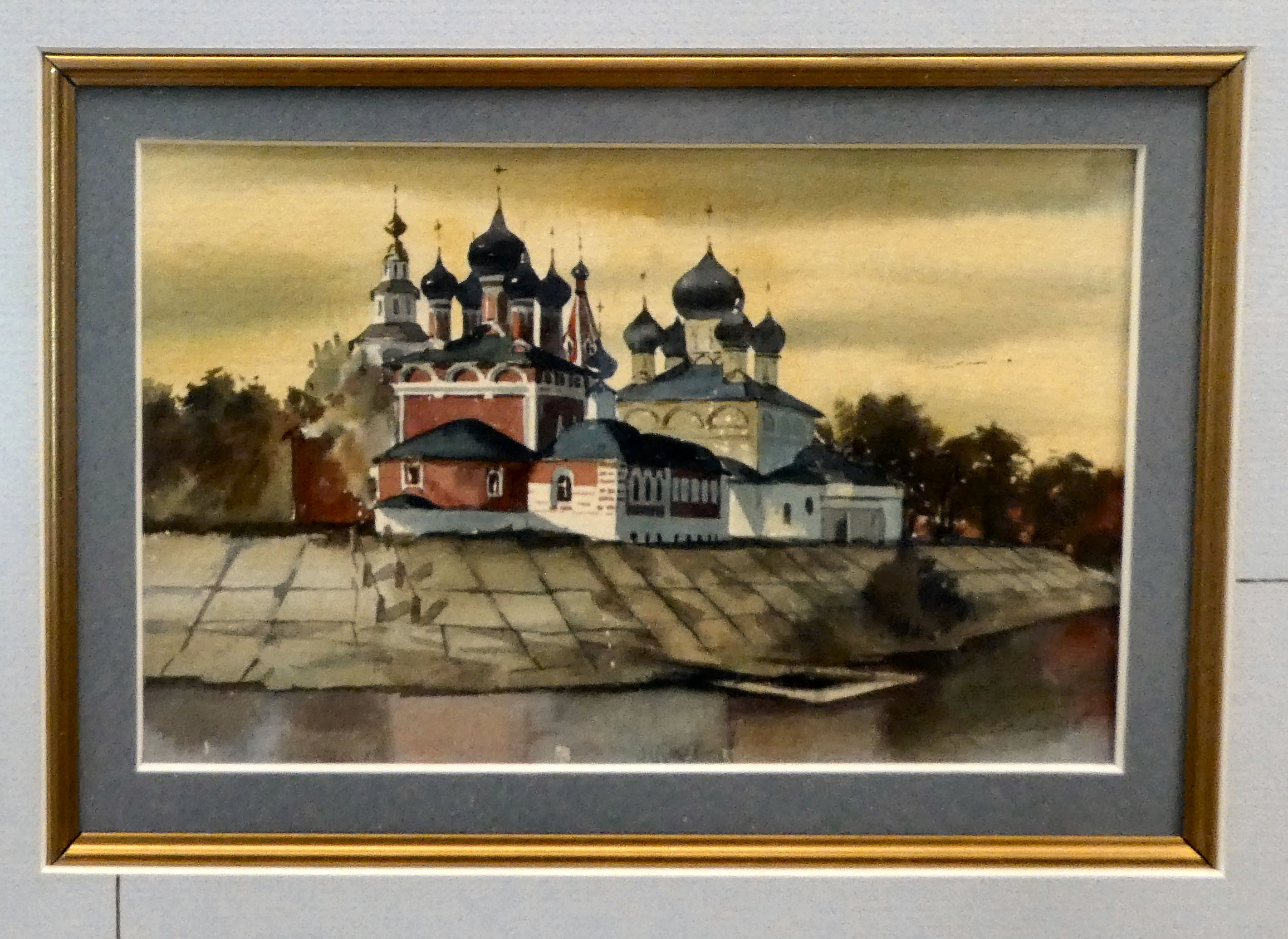 A framed collage of three watercolours of Russian buildings, in a card mount  25" x 26"  framed - Image 2 of 5