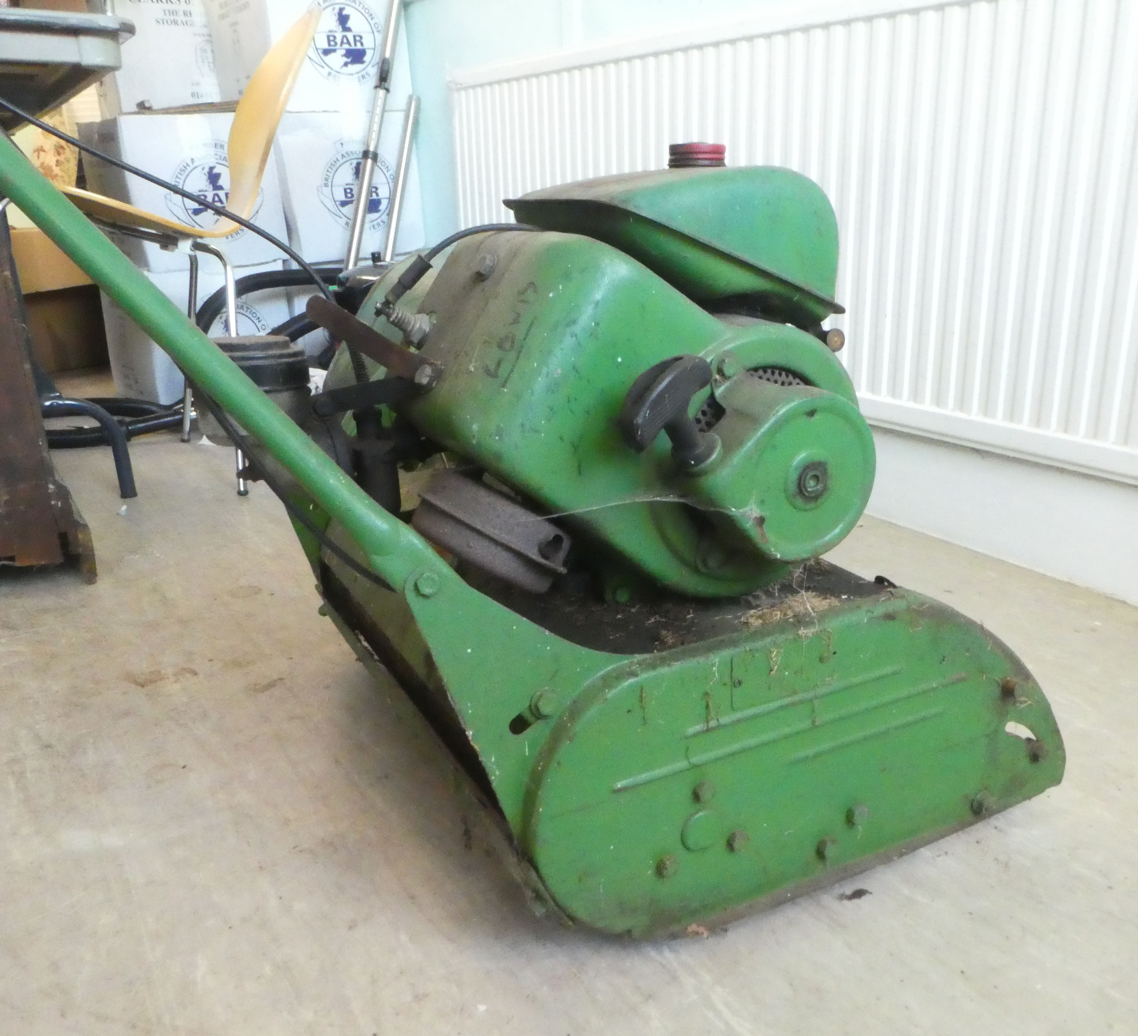 A vintage petrol driven cylindrical lawn mower with a grass box - Image 5 of 6