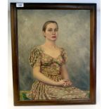 Circa 1940s American School - a portrait, a seated young woman in a floral patterned dress  oil on