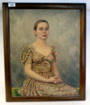 Circa 1940s American School - a portrait, a seated young woman in a floral patterned dress  oil on