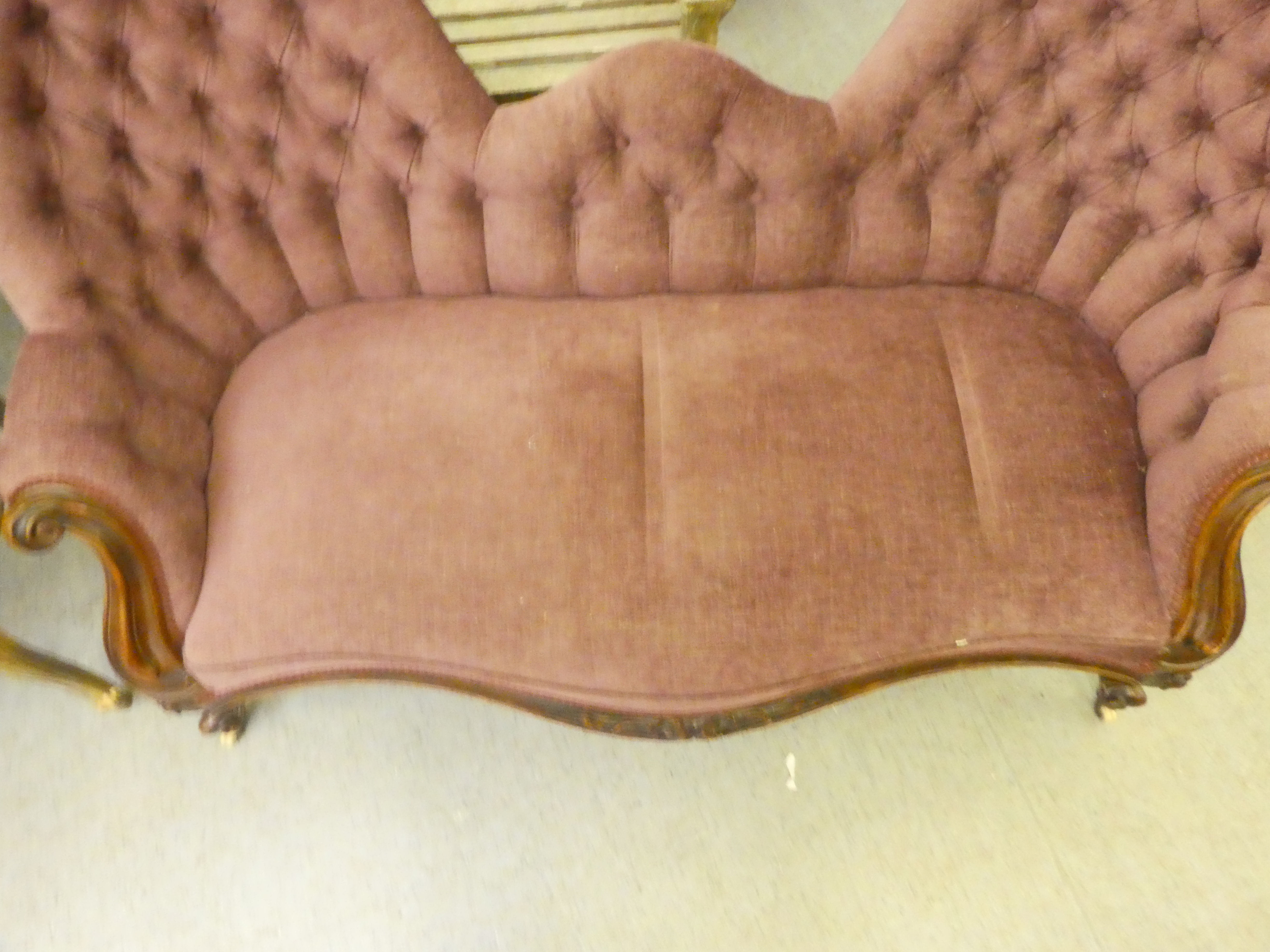 A mid Victorian scroll carved mahogany showwood framed, double spoonback settee, part button - Image 2 of 5