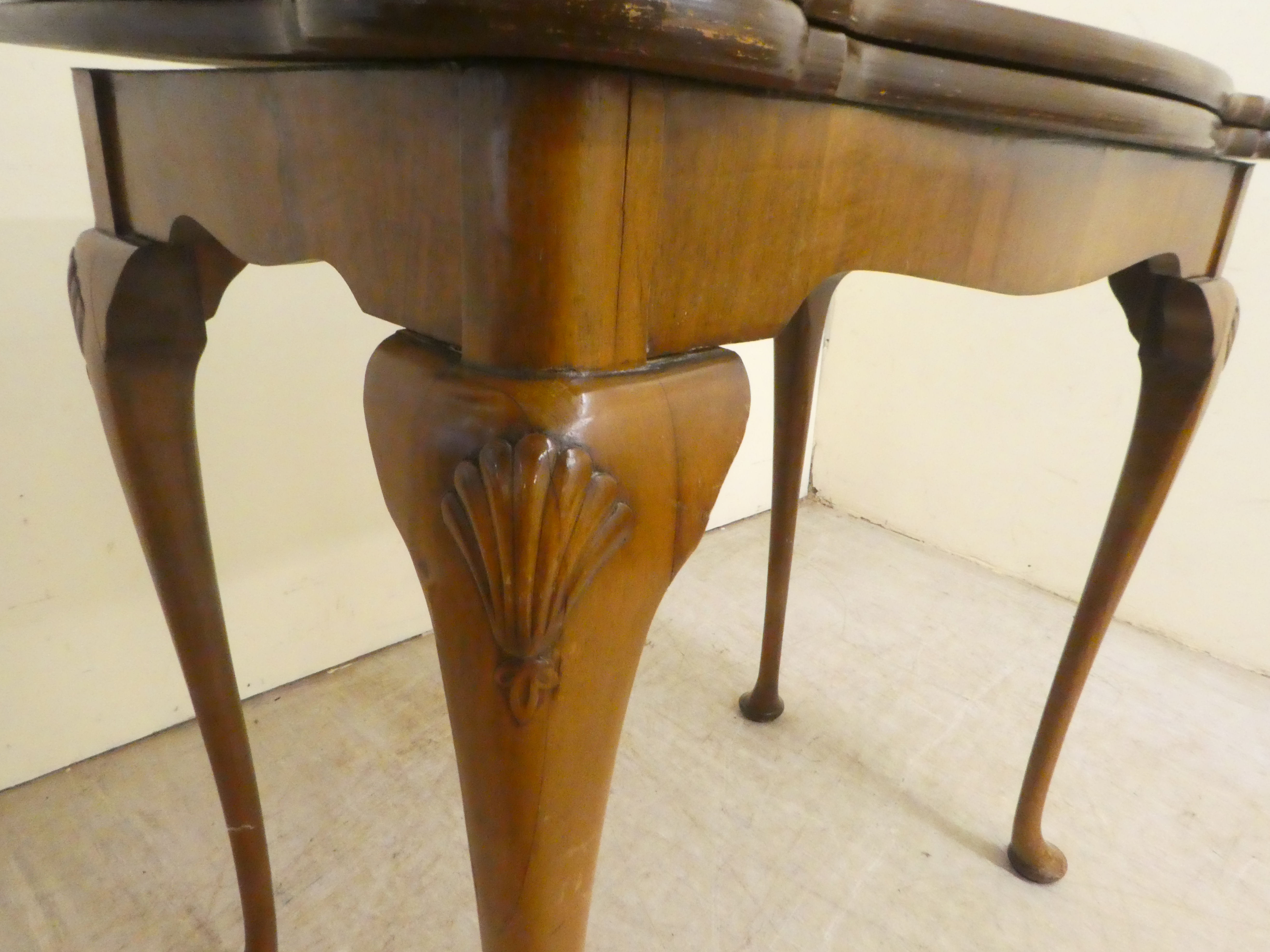 A mid 20thC Queen Anne style quarter walnut veneered card table, the hinged top over slender legs - Image 4 of 6