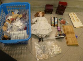 Dolls' house related accessories: to include a miniature bureau and a compactum; and a china doll