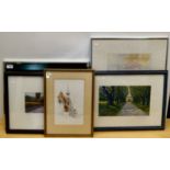 Five framed prints: to include after Peter McQuillan - 'A Victorian Railway Station'  10" x 14"