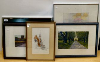 Five framed prints: to include after Peter McQuillan - 'A Victorian Railway Station'  10" x 14"