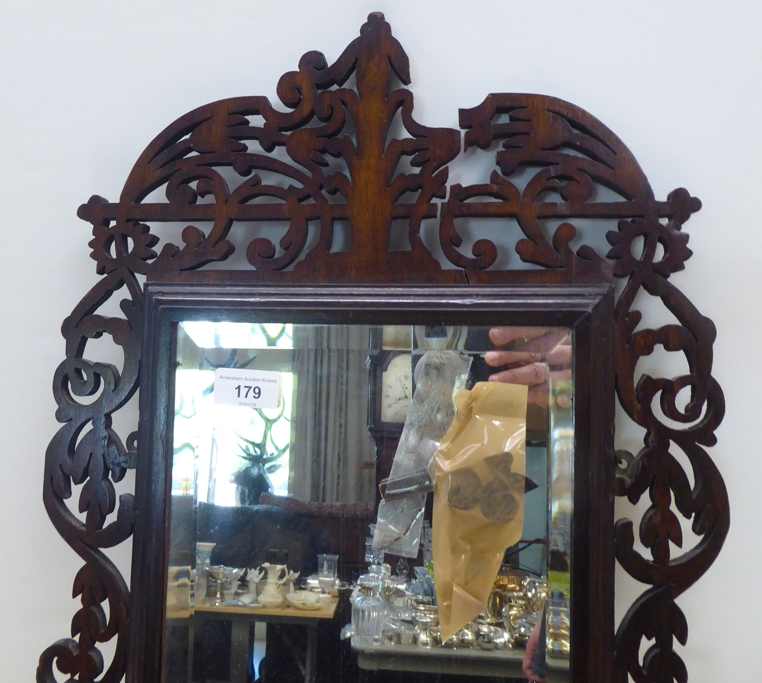 A 1930s oak front carved oak, mirrored and shelved bracket  26"h  14"w - Image 2 of 6
