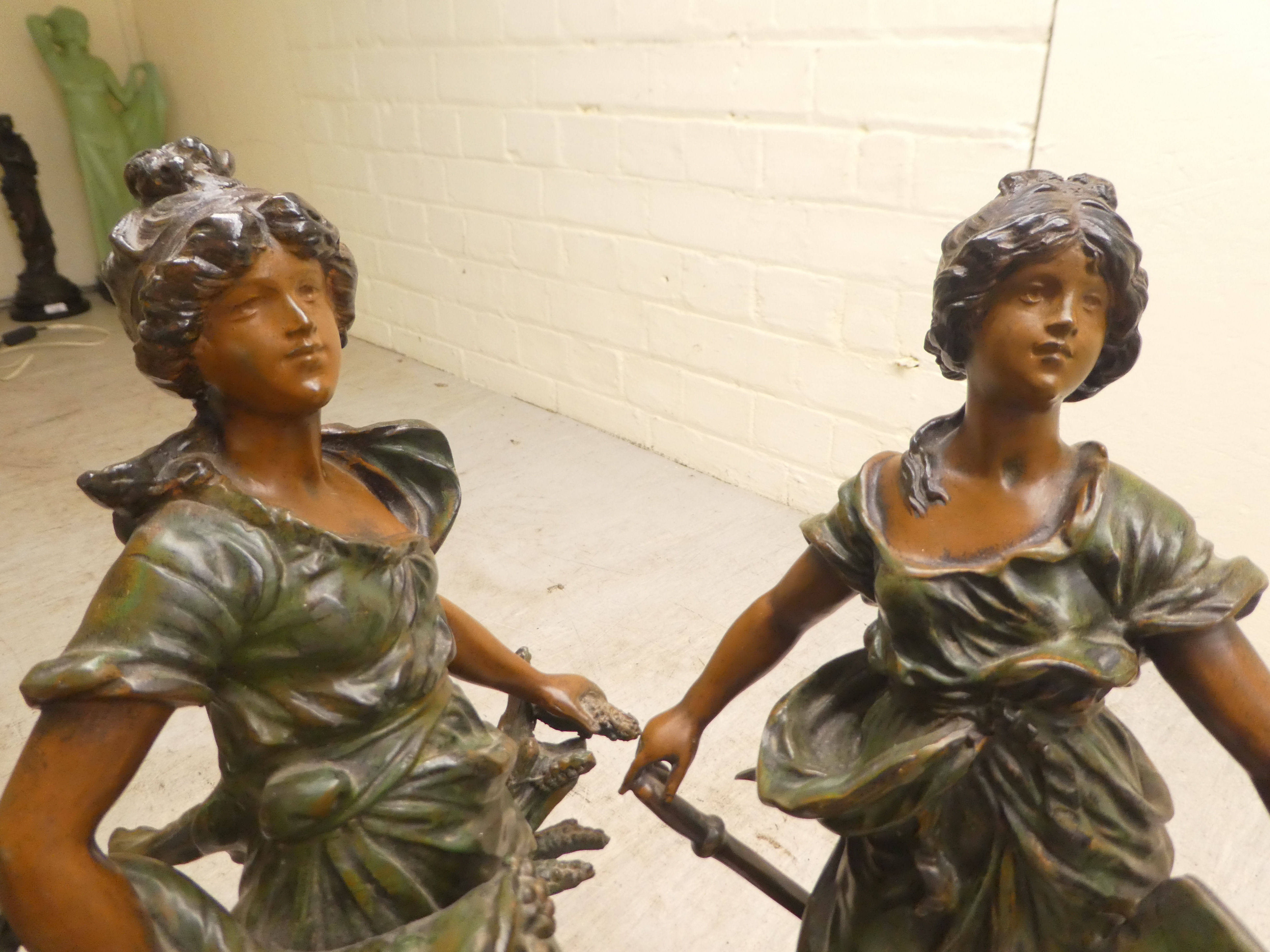 Two late 19thC French painted spelter figures 'Agriculture' and 'Commerce'  19.5"h - Image 4 of 7