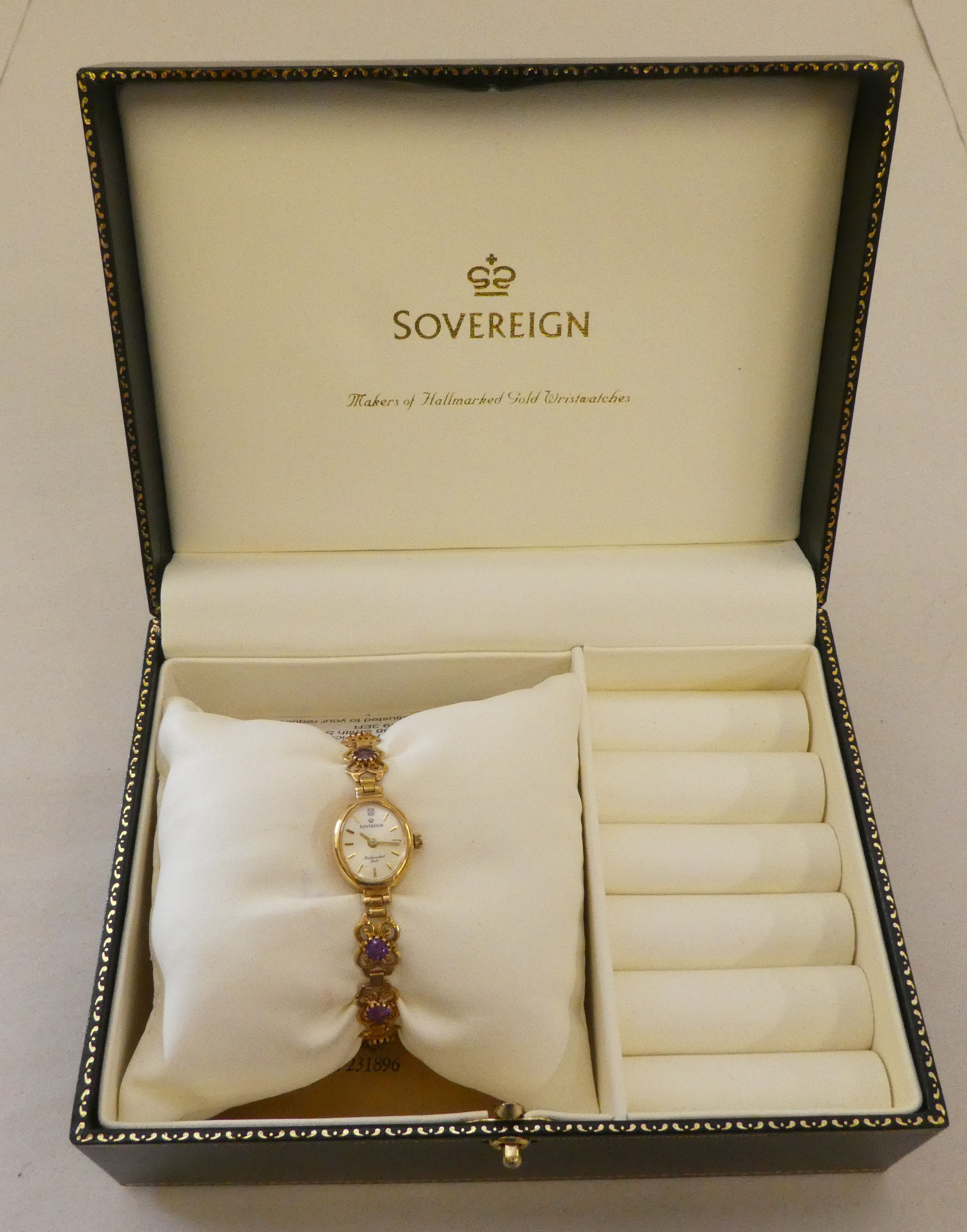 A lady's Hallmark 9ct gold cased bracelet wristwatch, claw set with purple stones, faced by a - Image 2 of 7