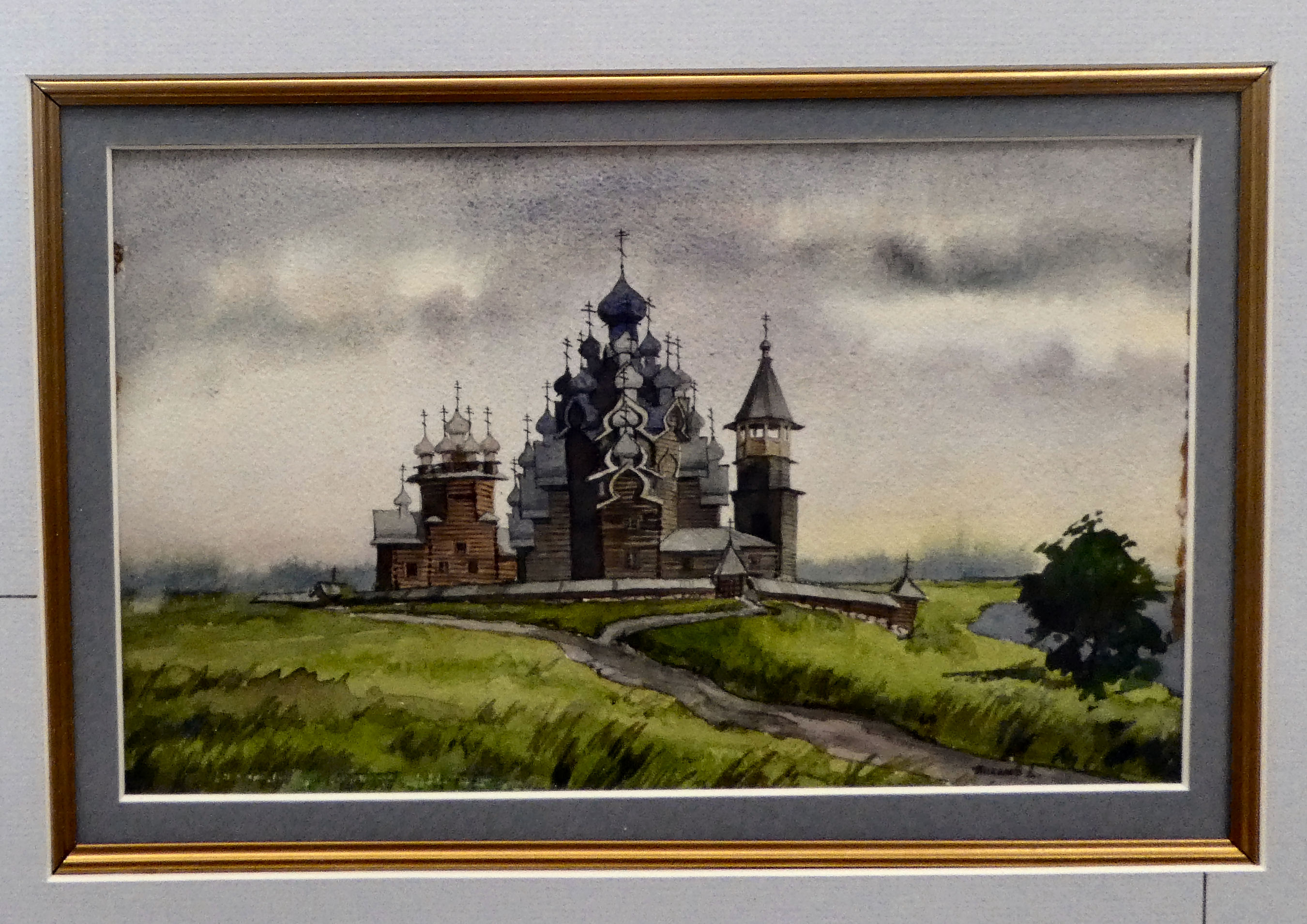 A framed collage of three watercolours of Russian buildings, in a card mount  25" x 26"  framed - Image 3 of 5