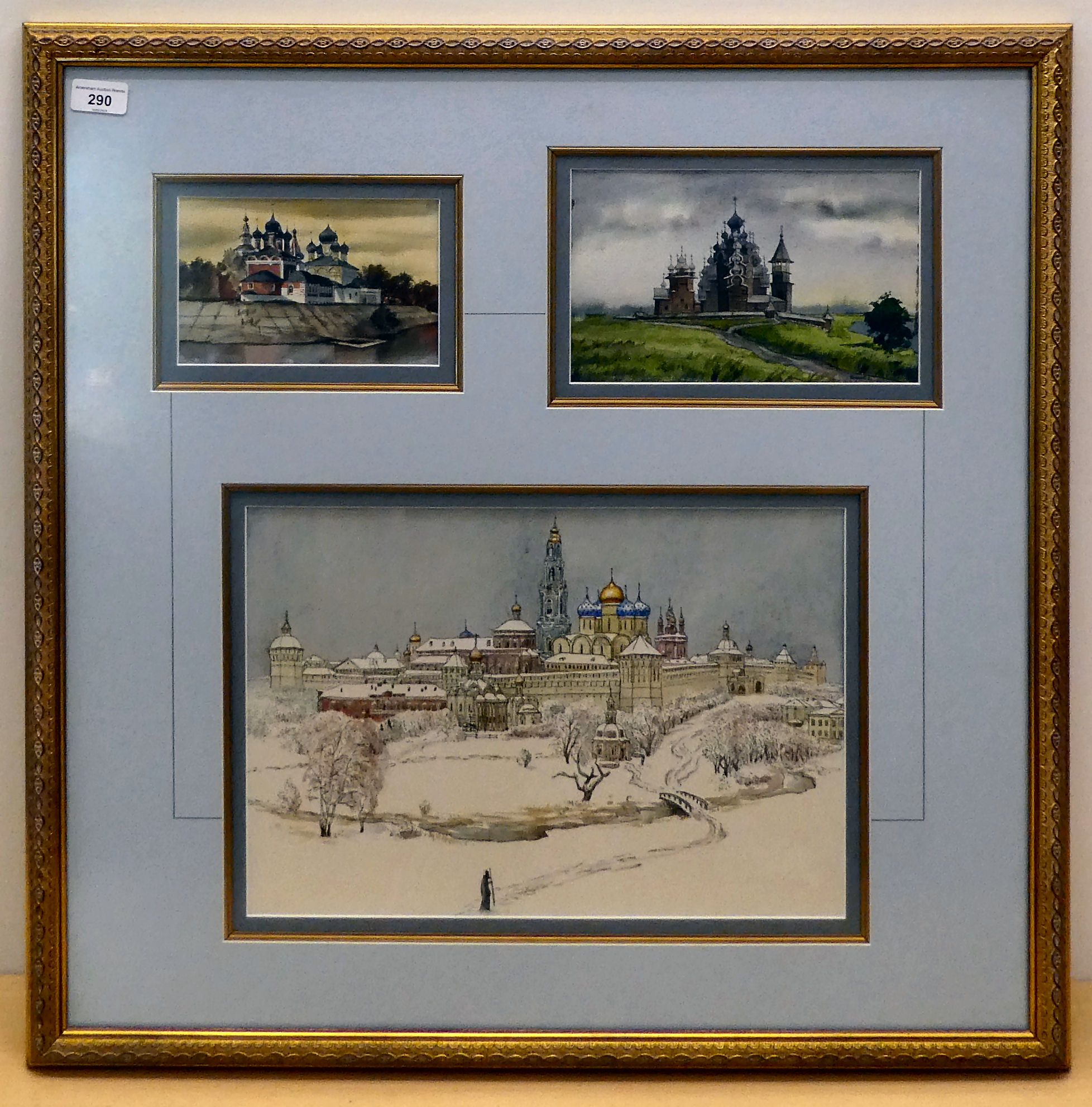 A framed collage of three watercolours of Russian buildings, in a card mount  25" x 26"  framed