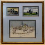 A framed collage of three watercolours of Russian buildings, in a card mount  25" x 26"  framed