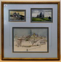 A framed collage of three watercolours of Russian buildings, in a card mount  25" x 26"  framed