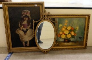 Pictures and mirrors: to include a mid 20thC gilt framed mirror with garland ornament  26" x 16"