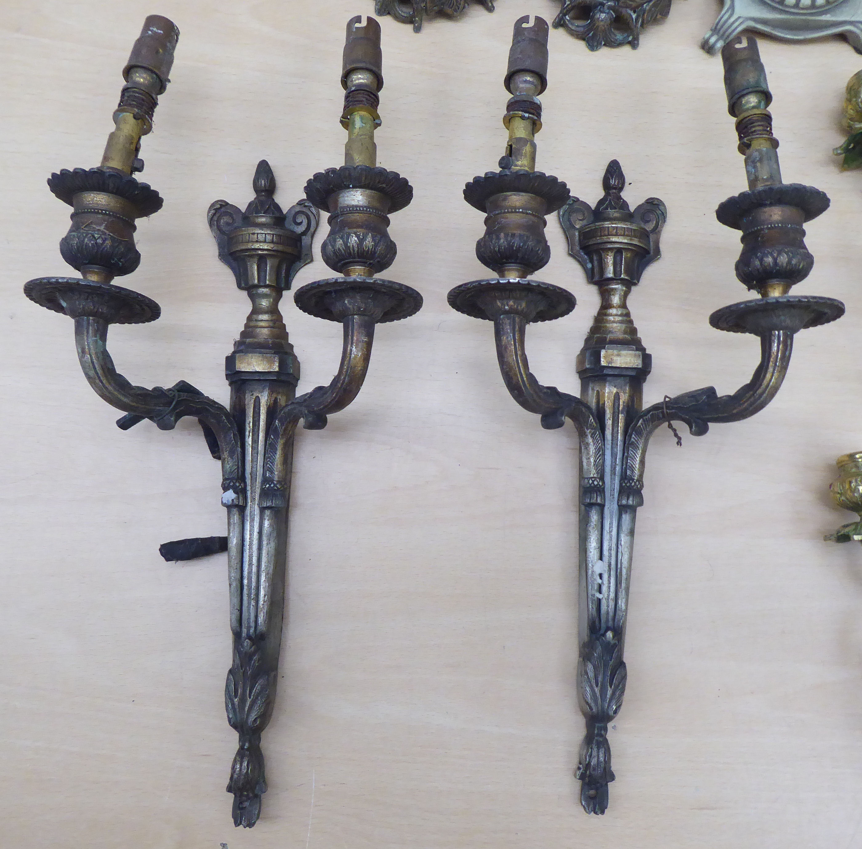 20thC lighting: to include a pair of cast antique finished brass twin branch appliques  13"h - Image 2 of 4