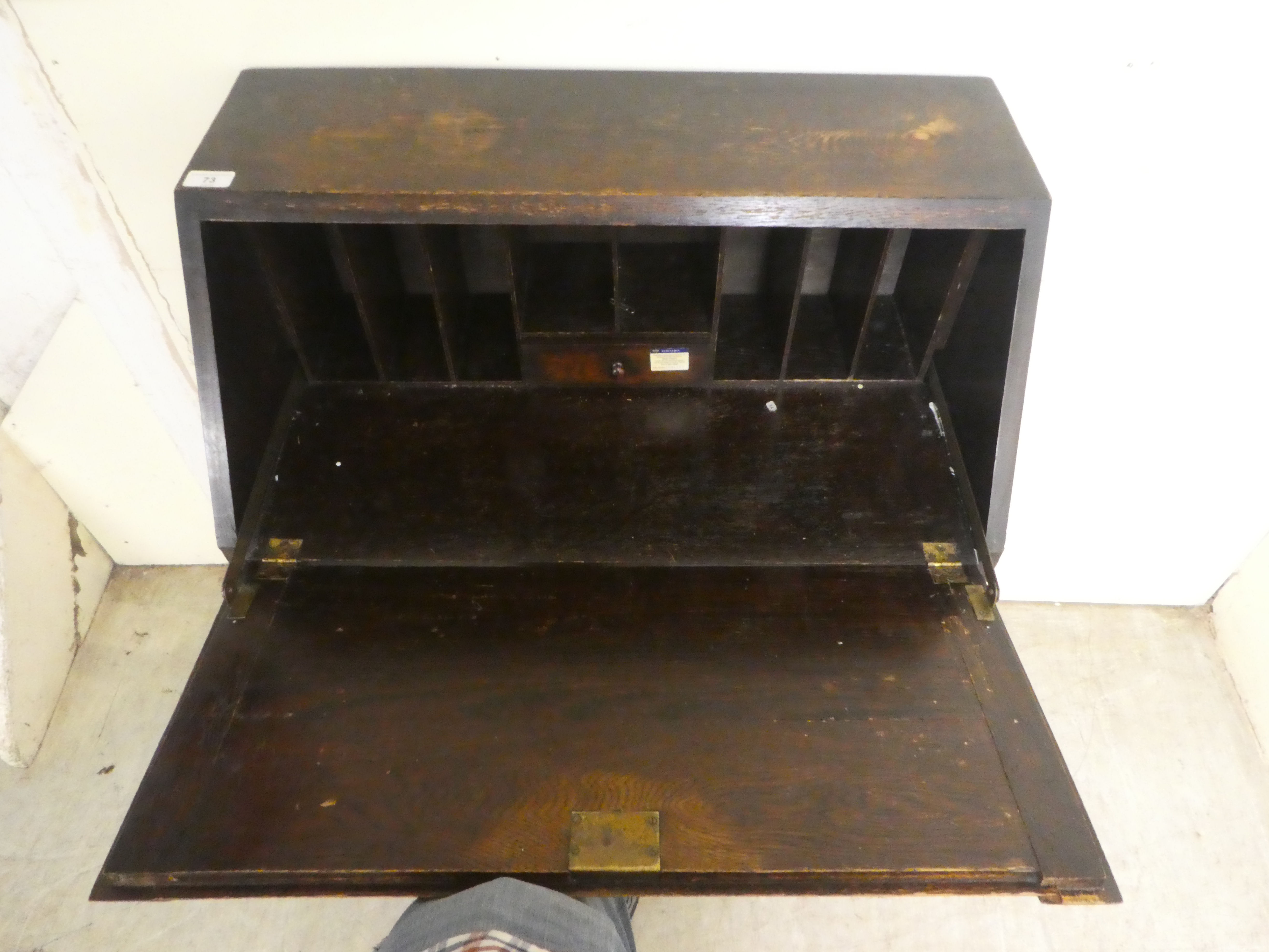 A 1930s oak bureau, the fall flap over two long drawers, raised on barleytwist, block supports  38"h - Image 3 of 4