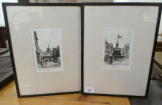 After Edward J Cherry - two London scenes  monochrome etching prints  bearing pencil signature  3" x