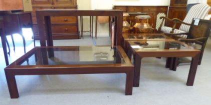 A suite of modern mahogany furniture, all with glass inserts, raised on square legs, viz. a hall