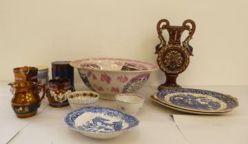 19thC ceramics: to include a purple lustre fruit bowl, featuring the Iron Bridge in 1796 and other