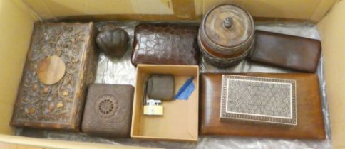 20thC Indian and other wooden and hide boxes, cigar sleeves and items of purpose