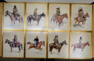 After Frederick Remington - a series of eight native American figure studies  coloured prints  12" x