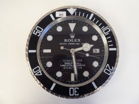 A dealer display advertising wall timepiece for Rolex Oyster Perpetual Date Submariner; the