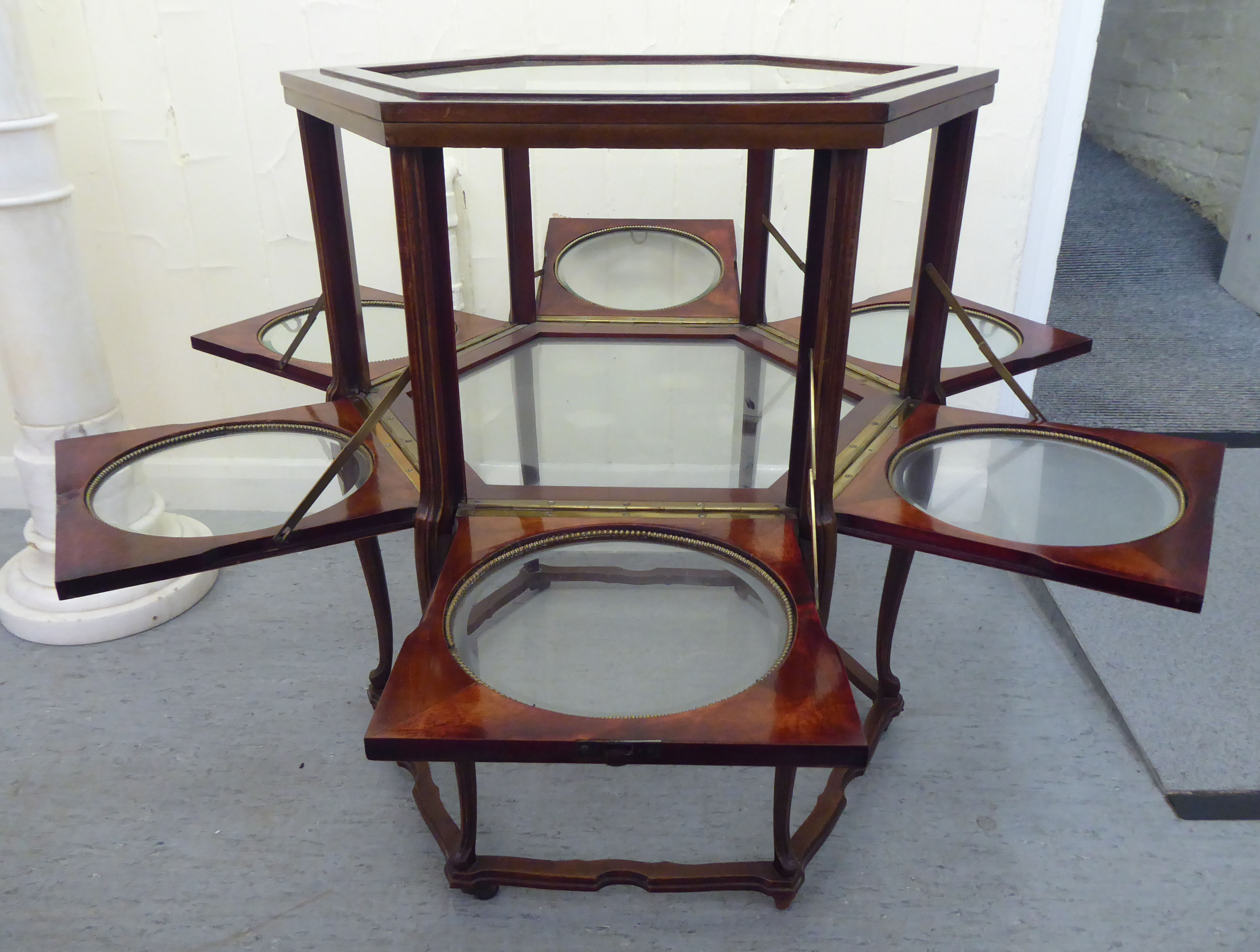 A 20thC mahogany framed and glazed panelled serving tray with a removable tray top and six hinged - Image 5 of 6