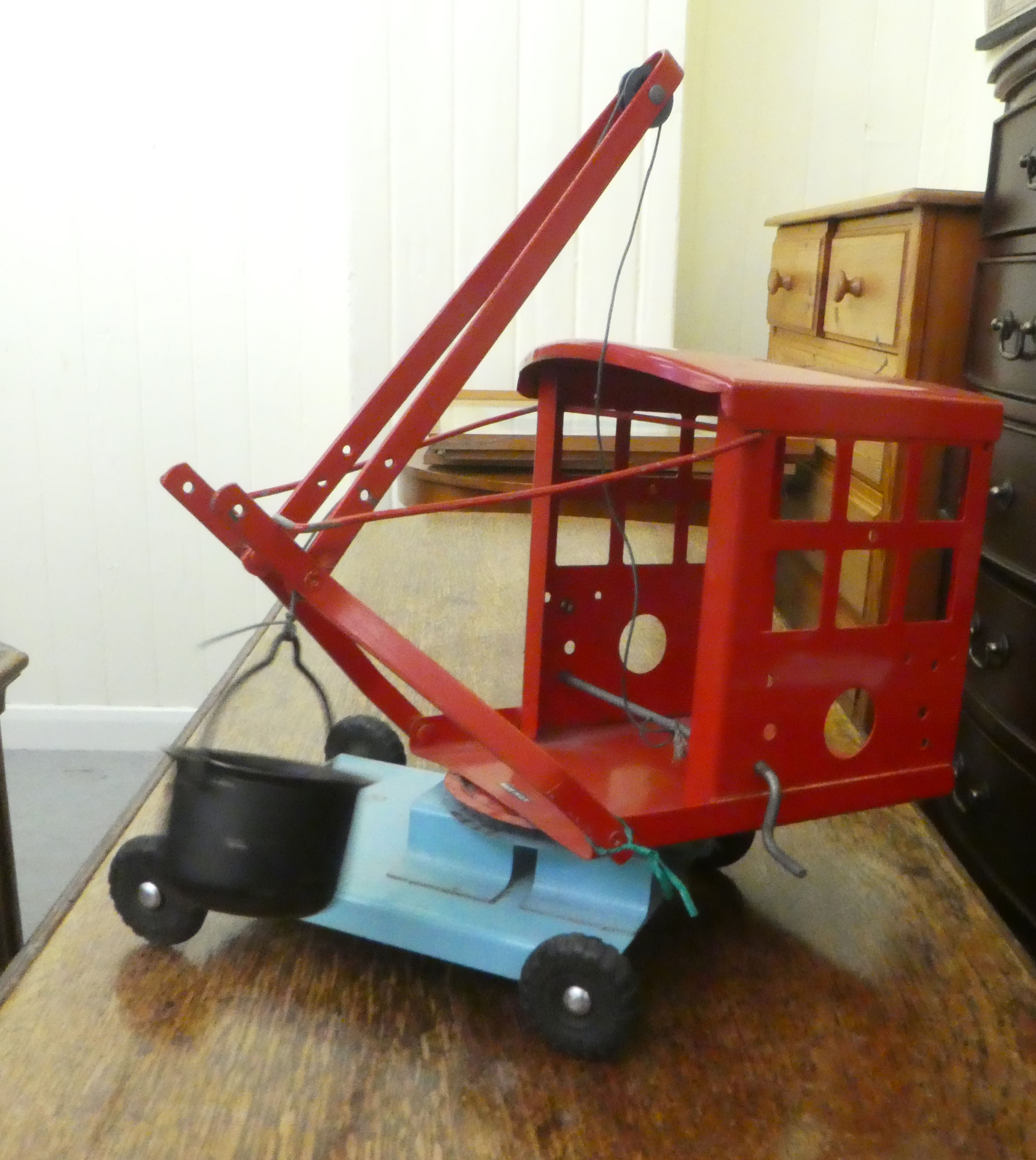 A Triang red and blue painted metal toy crane  12"h - Image 2 of 3