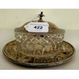 A silver lidded, glazed butter dish, on a silver tray  London 1874