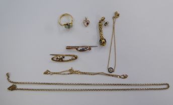 Items of personal ornament: to include two bar brooches and a pendant on a fine chain