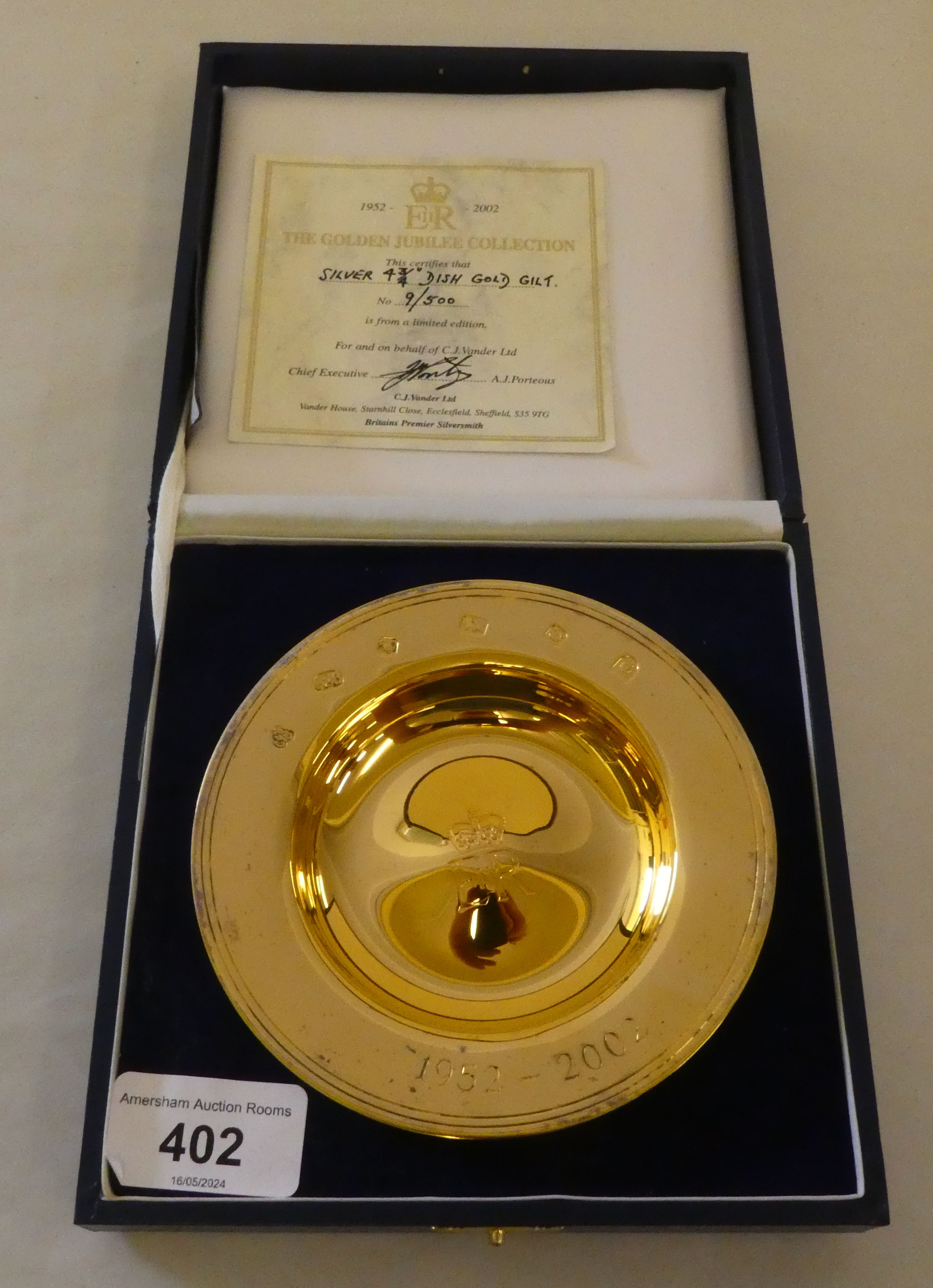 A Golden Jubilee Armada style silver gilt dish  Limited Edition 9/500  Sheffield 2002  5"dia  boxed