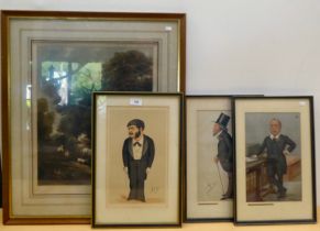 Pictures: to include a late Victorian spy print - 'English Music'  13" x 8"  framed