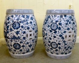 A pair of modern Chinese china barrel design garden seats, decorated in blue and white  19"h
