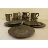Antique pewter tableware: to include tankards and plates