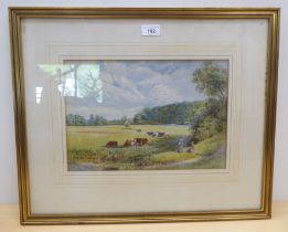 Leeson Rowbotham - figures and cattle beside a stream  watercolour  bears a signature  10" x 14"