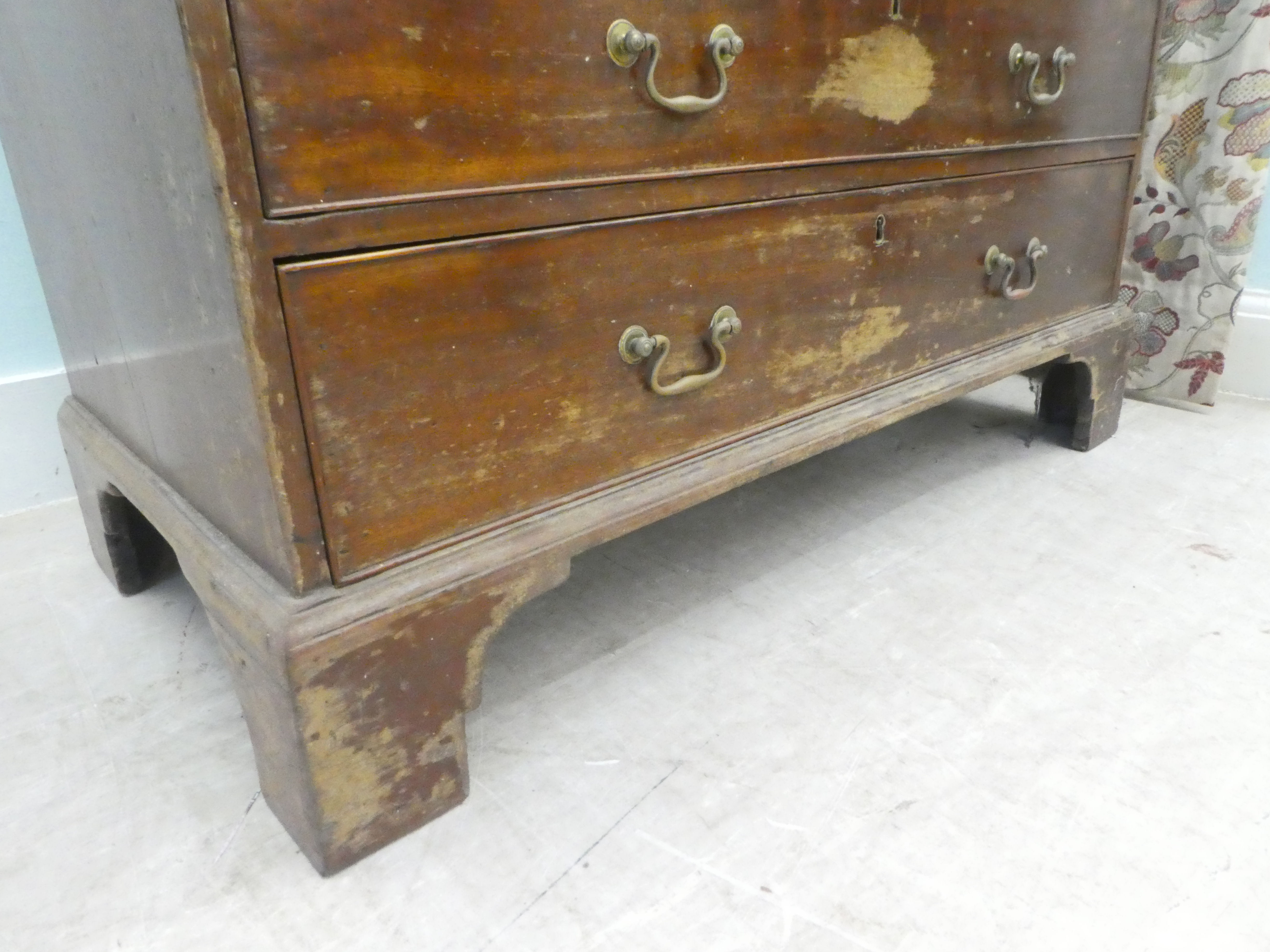 A 19thC mahogany bureau, the fall flap over two short/three graduated long drawers, raised on - Image 2 of 6