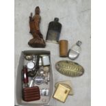 A mixed lot: to include a pocket watch  stamped 800; a carved fruitwood deity  9"h; and a double end
