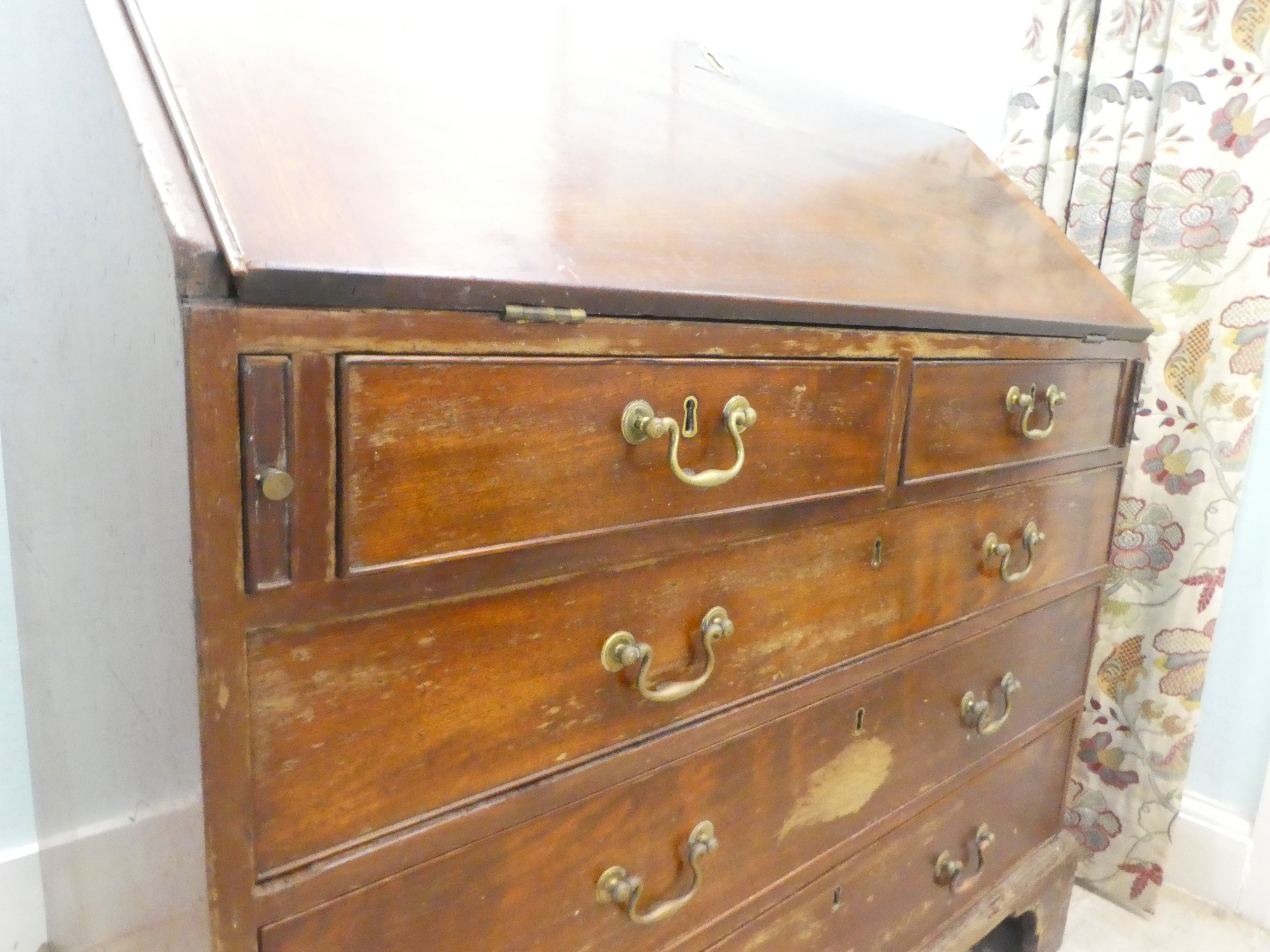 A 19thC mahogany bureau, the fall flap over two short/three graduated long drawers, raised on - Image 3 of 6