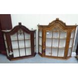 Two modern beech framed hanging wall display cabinets  31"h  32"w and 27"h  26"w