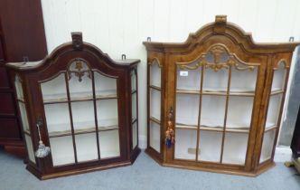 Two modern beech framed hanging wall display cabinets  31"h  32"w and 27"h  26"w