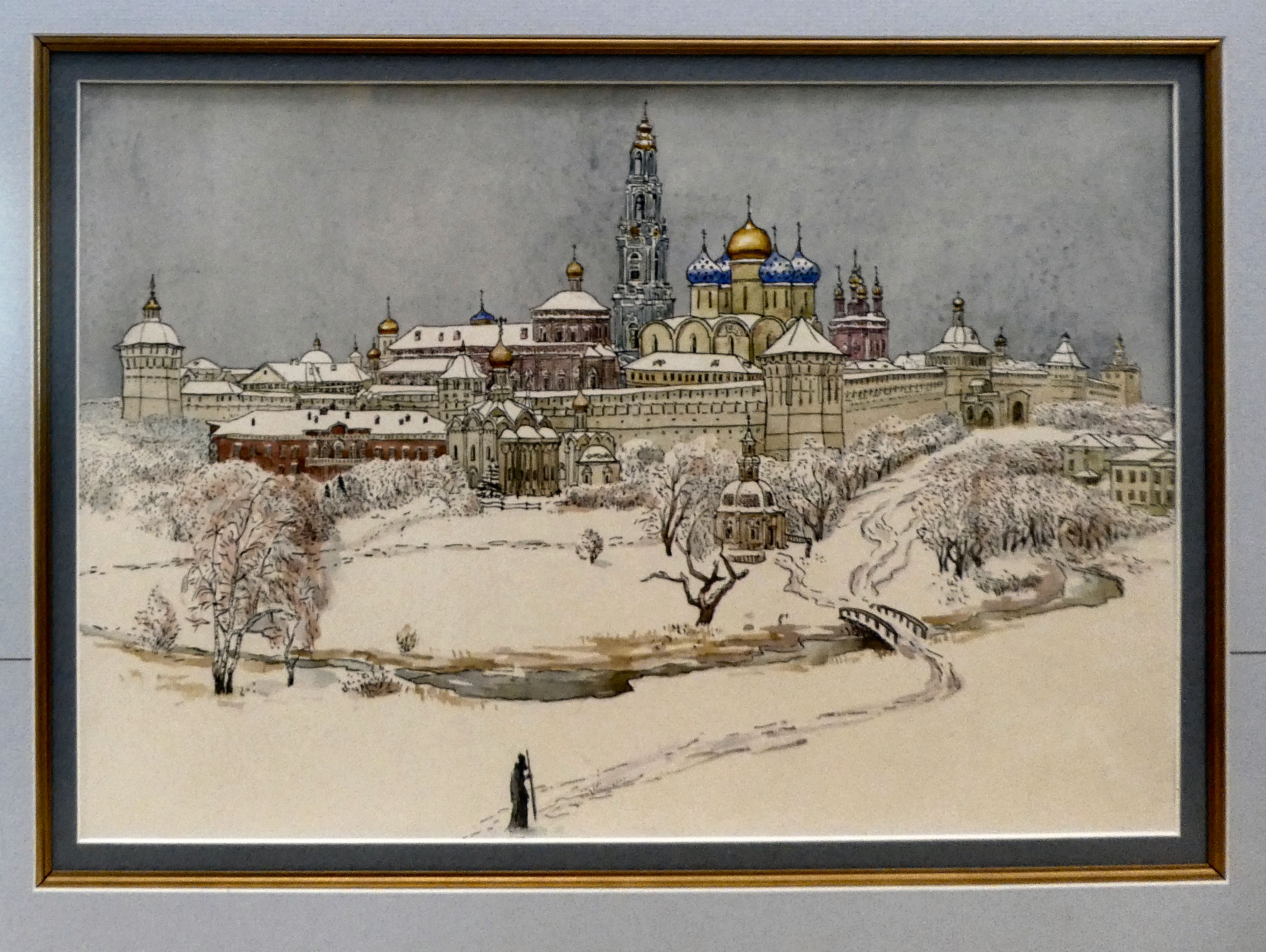 A framed collage of three watercolours of Russian buildings, in a card mount  25" x 26"  framed - Image 4 of 5