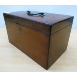 A late 19thC mahogany box with straight sides and a hinged lid with a removable tray fitted interior