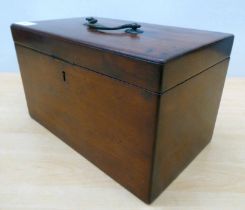 A late 19thC mahogany box with straight sides and a hinged lid with a removable tray fitted interior