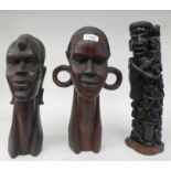 Two carved fruitwood busts  14"h; and another carving  15"h