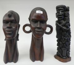 Two carved fruitwood busts  14"h; and another carving  15"h