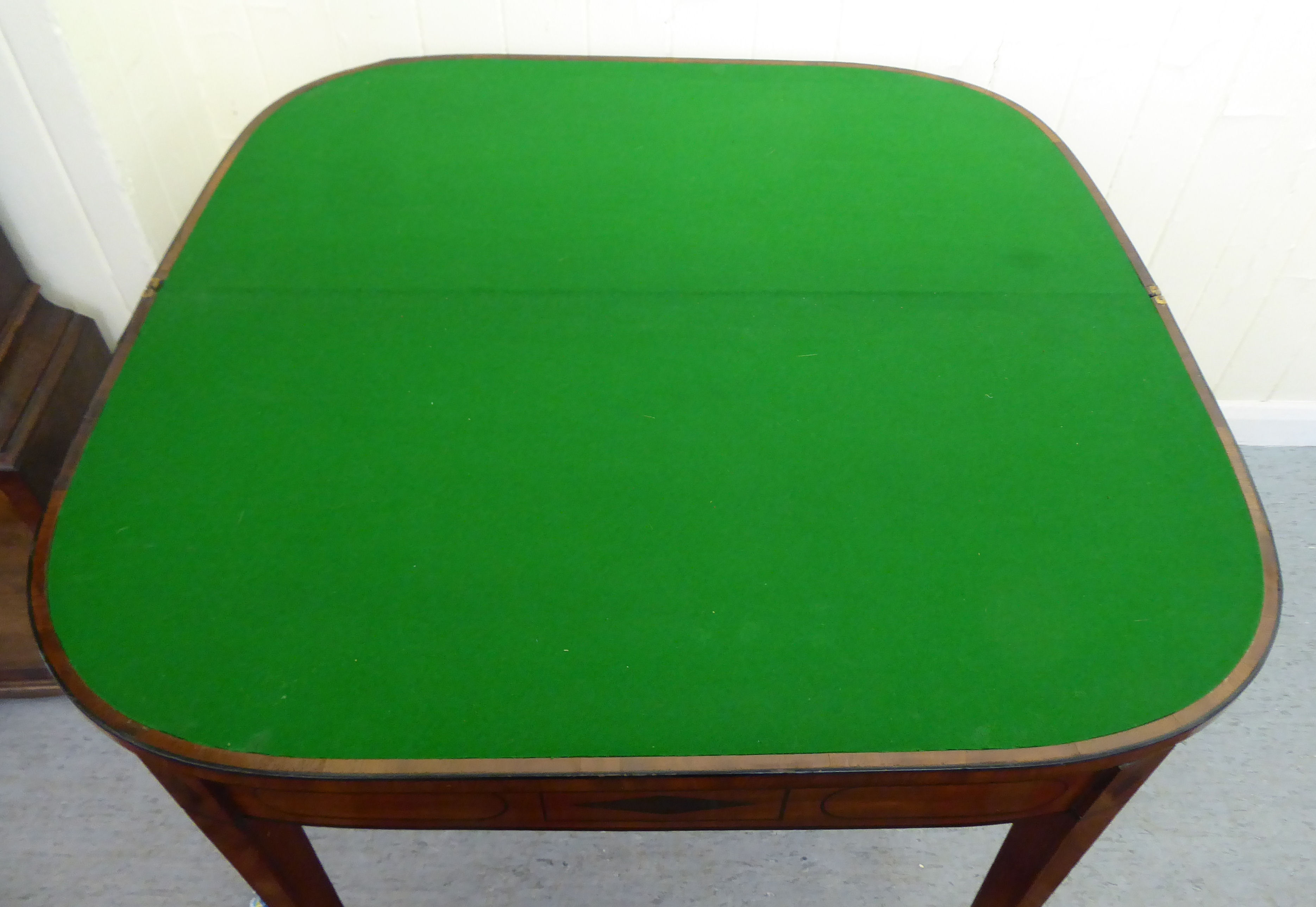 A 19thC string inlaid crossbanded mahogany D-end card table, the hinged top raised on square, - Image 3 of 4